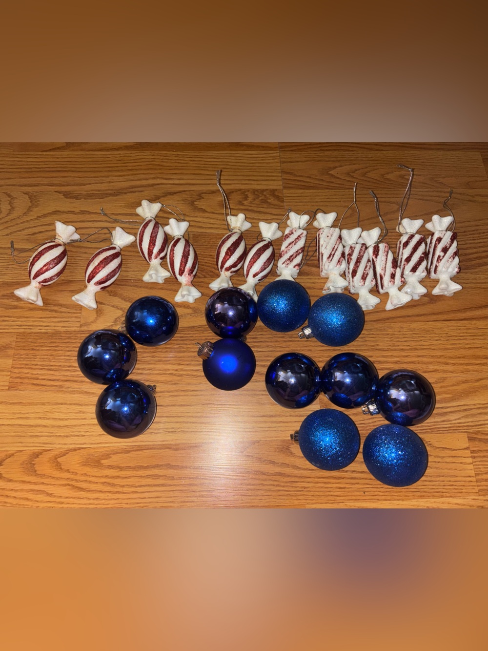 Vintage Blue and White Holiday Ornament Set - Festive Candy & Shiny Balls